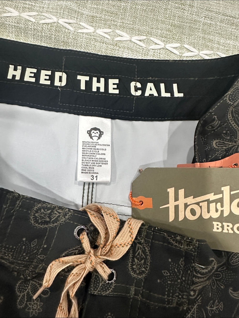 Howler Brothers Black Paisley Men’s Swim/Board Shorts with Tan Drawstring